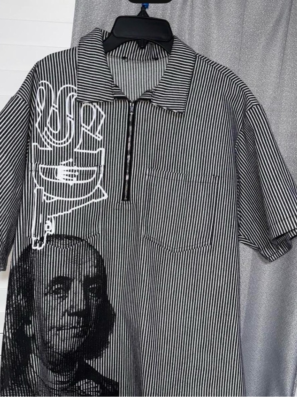 Striped Black & White Short-Sleeve Button Polo Shirt